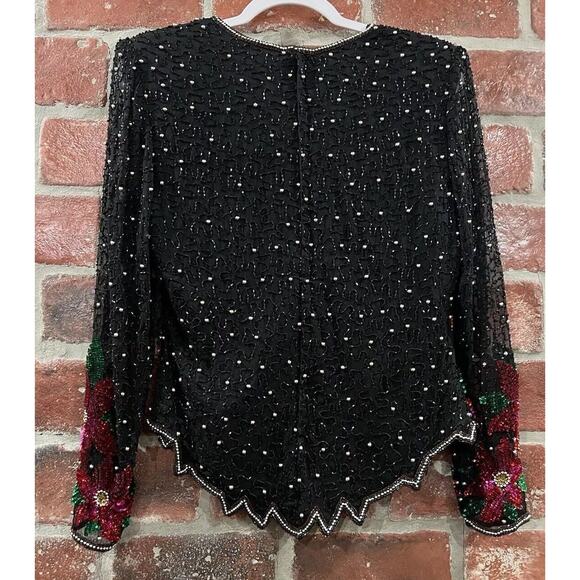 Vintage Laurence Kazar Black Beaded Silk Top Poinsettia Flowers Size Large - Picture 6 of 9
